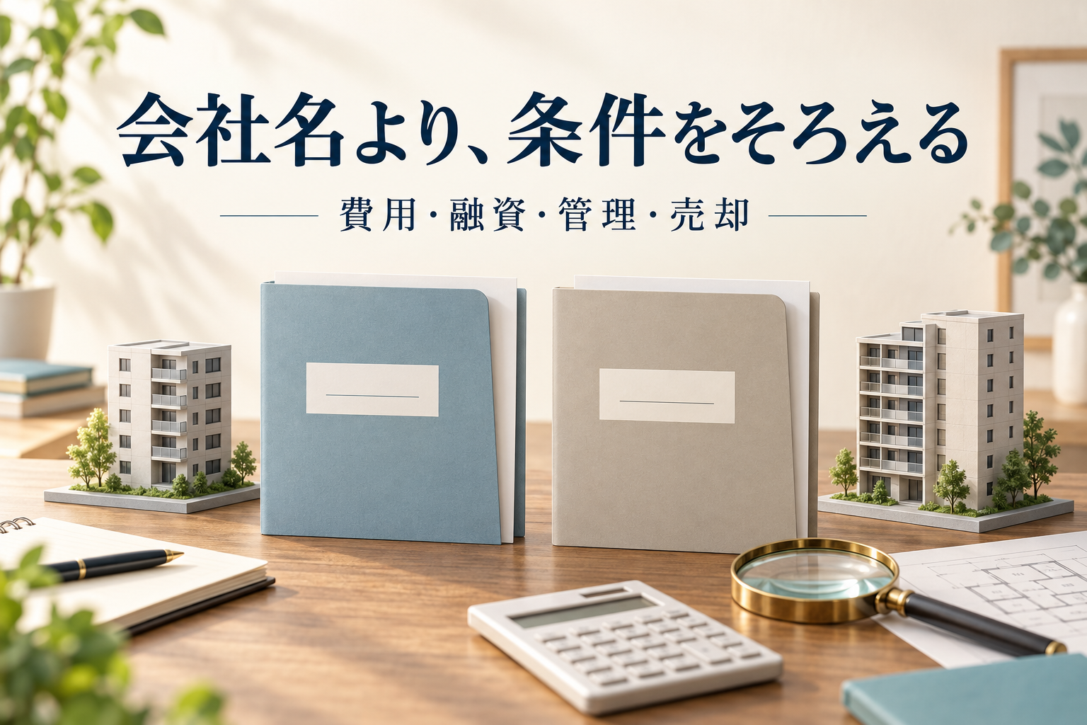費用・融資・管理・売却の条件をそろえて比較するための、2つの資料フォルダーとマンション模型の説明イラスト