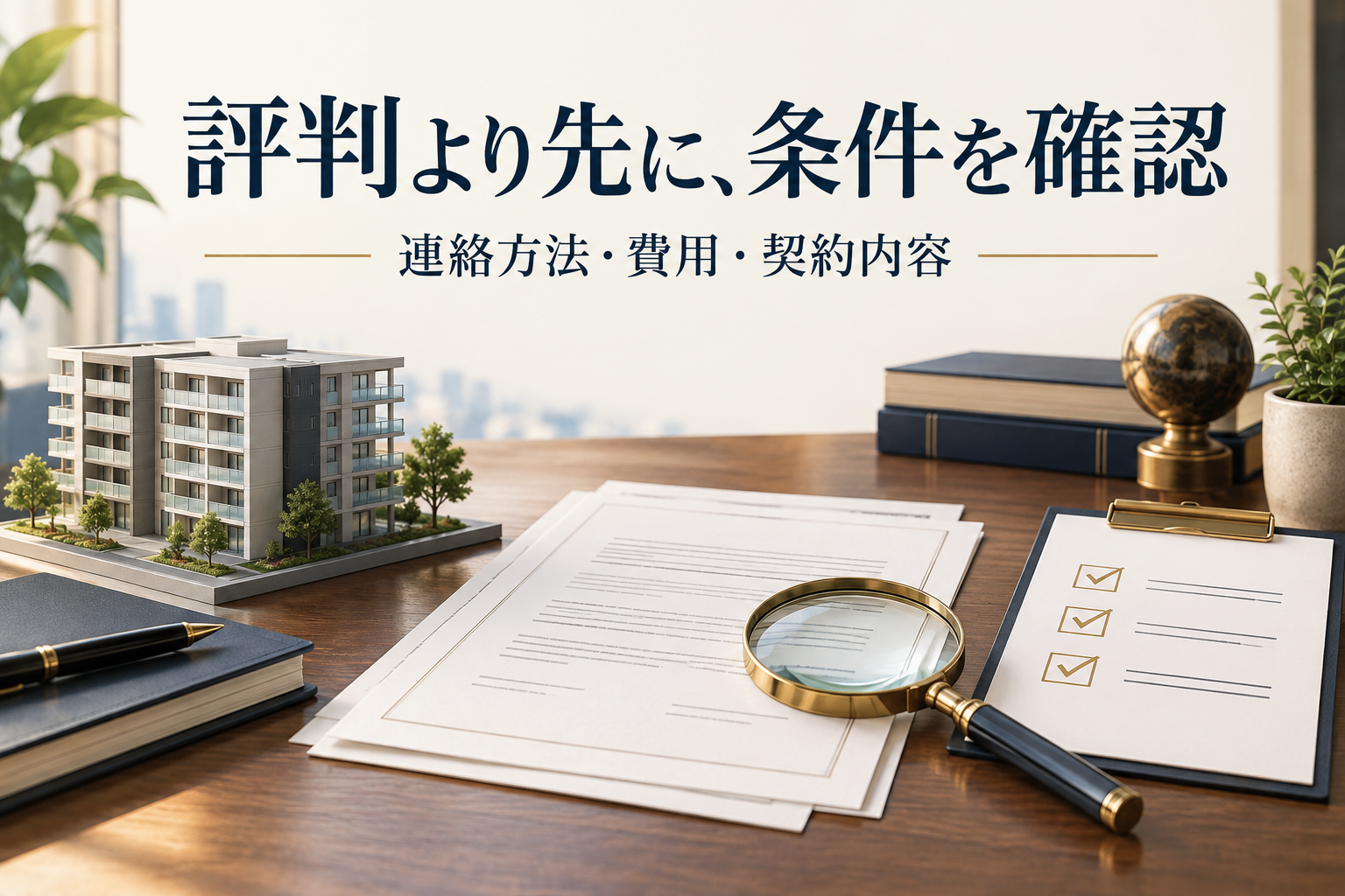 不動産相談の連絡方法・費用・契約内容を確認するための、マンション模型と契約資料、虫眼鏡の説明イラスト