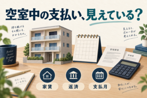 空室時の家賃入金、返済、支払月を確認するためのマンション模型、カレンダー、費用明細、計算機のイラスト