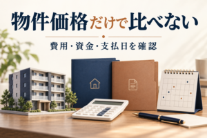 購入費用と支払日を確認するための、マンション模型、2つのフォルダー、計算機、カレンダーの説明イラスト