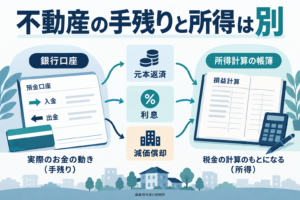 不動産の現金収支と所得を分け、元本返済・利息・減価償却の扱いを確認する概念図。計算例は本文に記載。