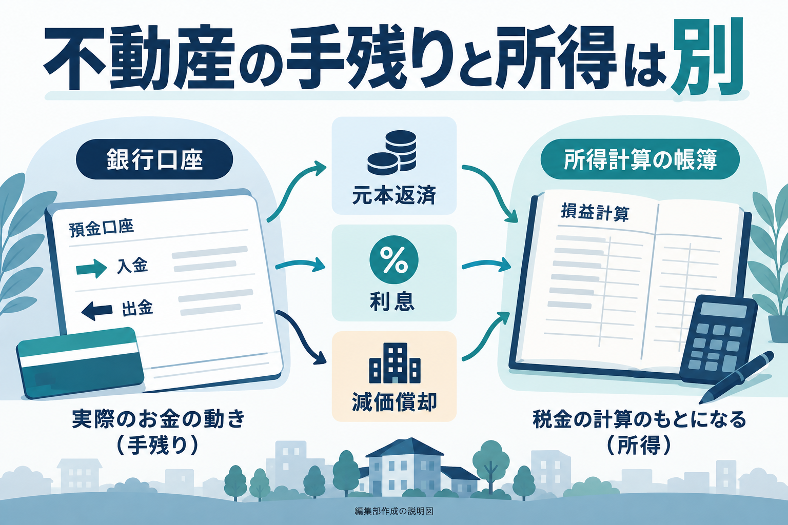 不動産の現金収支と所得を分け、元本返済・利息・減価償却の扱いを確認する概念図。計算例は本文に記載。