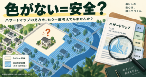 色のない区域の家に疑問符を置き、自治体のハザードマップ資料も確認する説明図。実在の地図ではありません。