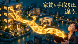 家賃と手取りは、違う。集合住宅から財布へ流れるコインが修繕と管理会社へ分かれるAI生成の架空イラスト。費用控除の概念図で、金額の割合や投資成果を示すものではありません。