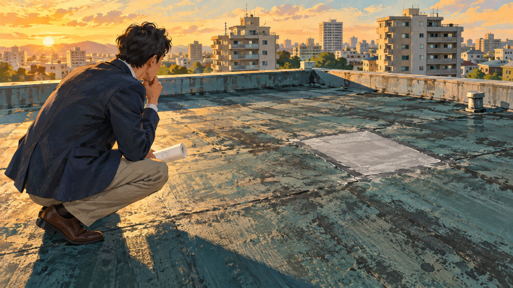 屋上の一部補修跡と全体を見比べる架空の購入検討者。修繕範囲の違いを表すAI生成イラスト